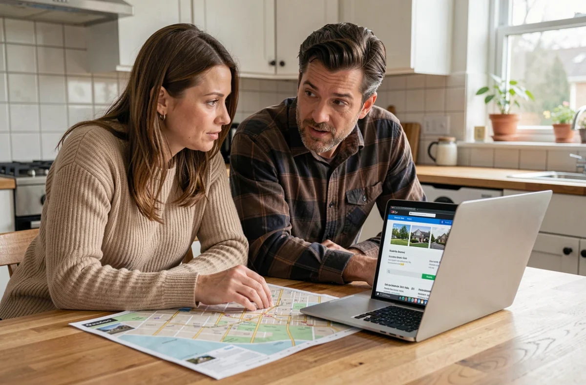 Couple étudiant le tarif de référence au mètre carré pour un achat immobilier à domicile