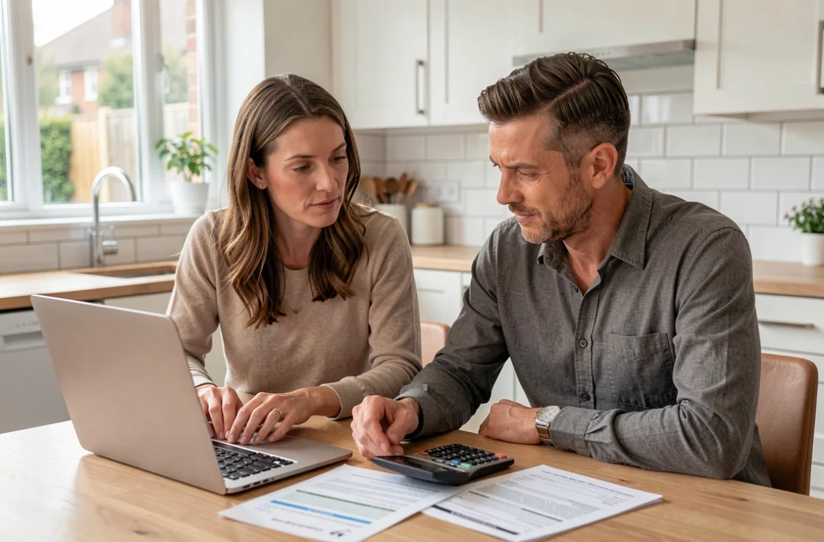 Couple étudiant une offre de renégociation de taux d'intérêt sur ordinateur portable à la table de la cuisine