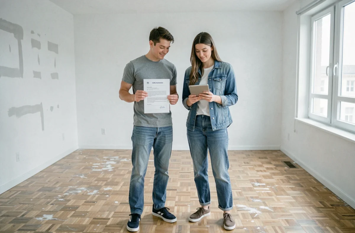 Couple dans un appartement vide tenant une lettre de résiliation de contrat d'eau et une tablette lors de leur déménagement