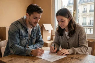 Jeune couple signant un contrat de location dans un appartement parisien avec des cartons de déménagement en arrière-plan