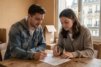 Jeune couple signant un contrat de location dans un appartement parisien avec des cartons de déménagement en arrière-plan