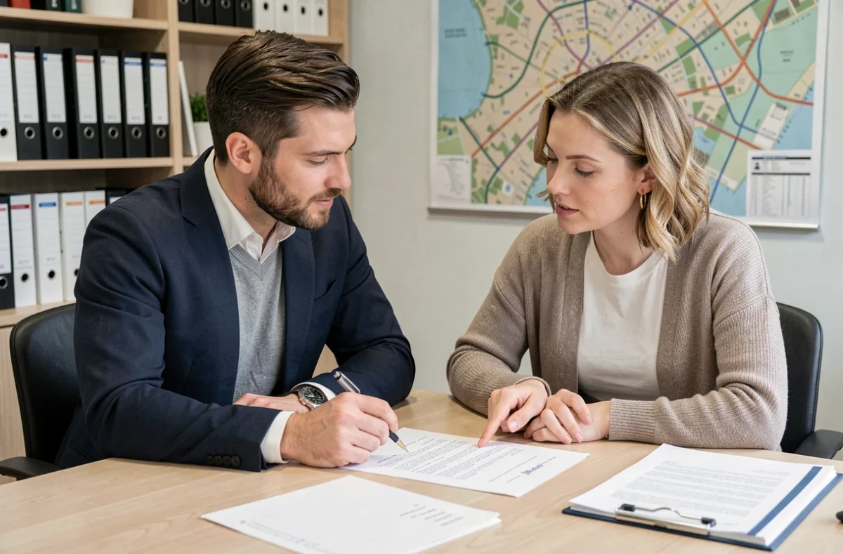 Couple examinant un contrat de location avec un agent pour vérifier la justesse du prix du loyer