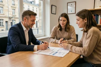 Courtier en prêt immobilier conseillant un couple dans une agence des Pays de la Loire