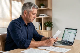 Un homme de 45 ans examine des documents fiscaux liés à la déclaration Censi-Bouvard dans un bureau à domicile moderne