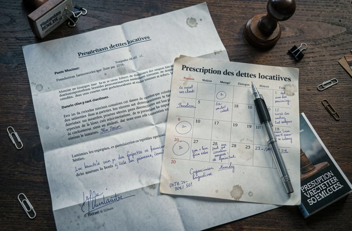Gros plan sur une lettre de loyer impayé, un calendrier annoté et un livret juridique sur un bureau en bois