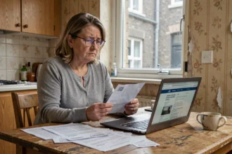 Femme stressée examinant des documents de loyer impayé à une table de cuisine encombrée
