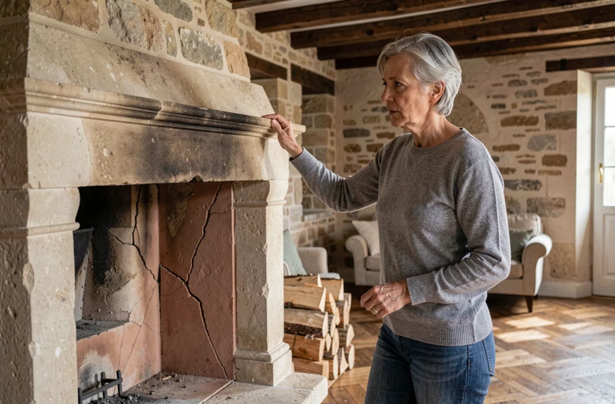 Femme inspectant les fissures du foyer en pierre d'une cheminée ancienne dans une maison de campagne