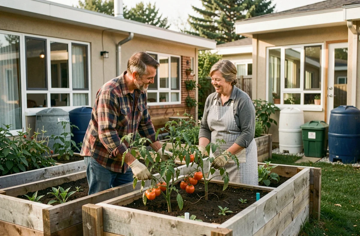 Résidents d'un écoQuartier cultivant un jardin partagé entouré de bâtiments à faible consommation énergétique