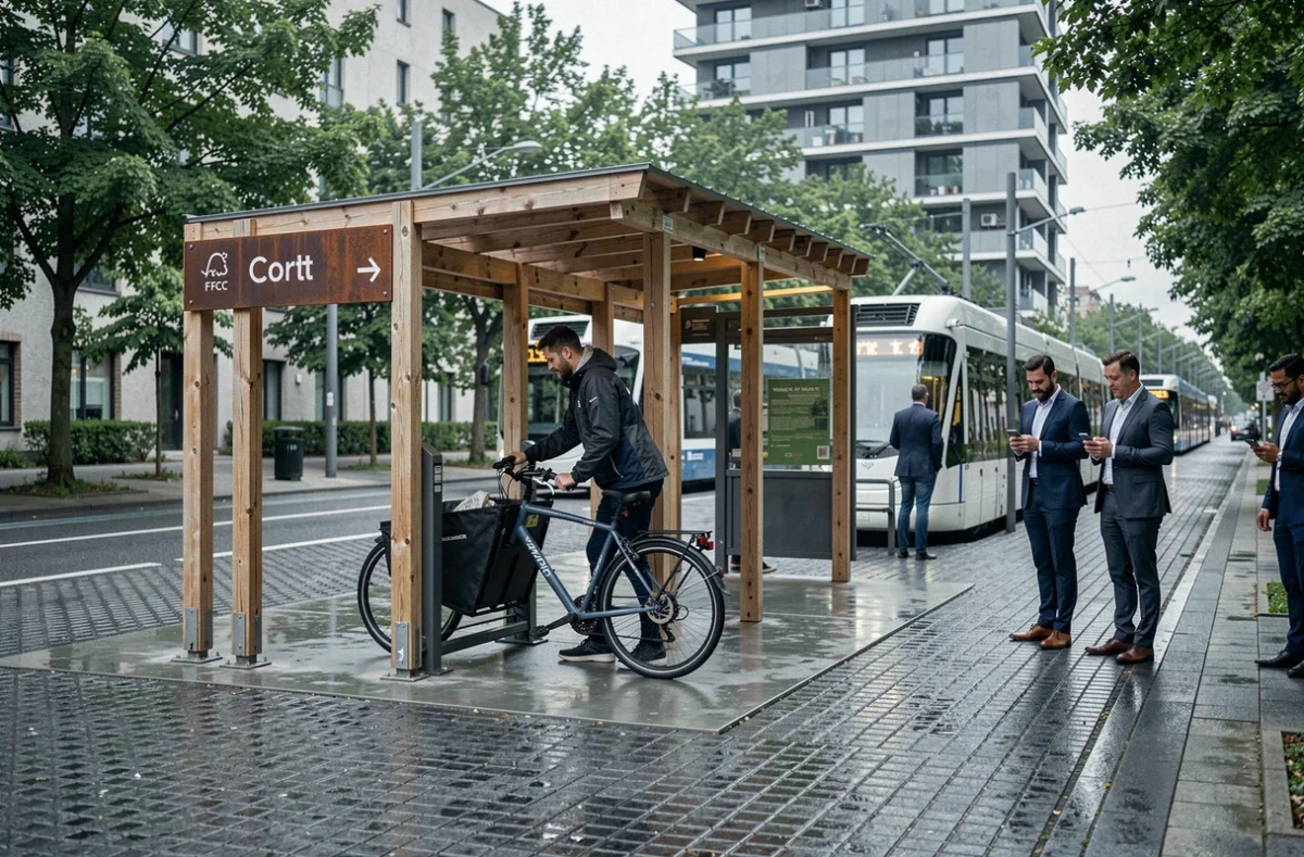 Hub de mobilité douce dans un écoQuartier avec piste cyclable, parking vélo en bois et arrêt de tram