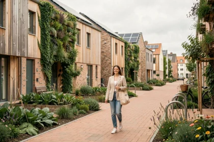 Femme marchant dans un écoQuartier urbain avec bâtiments en bois, murs végétalisés et panneaux solaires