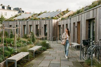 Femme se promenant dans un écoquartier moderne avec toits végétalisés et jardins partagés en ville européenne
