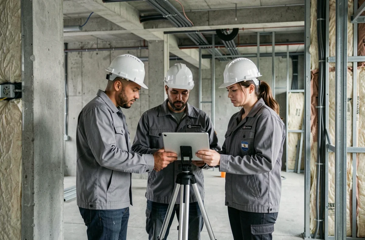 Équipe de travailleurs du bâtiment consultant une tablette numérique dans un chantier intérieur avec béton apparent et structures métalliques