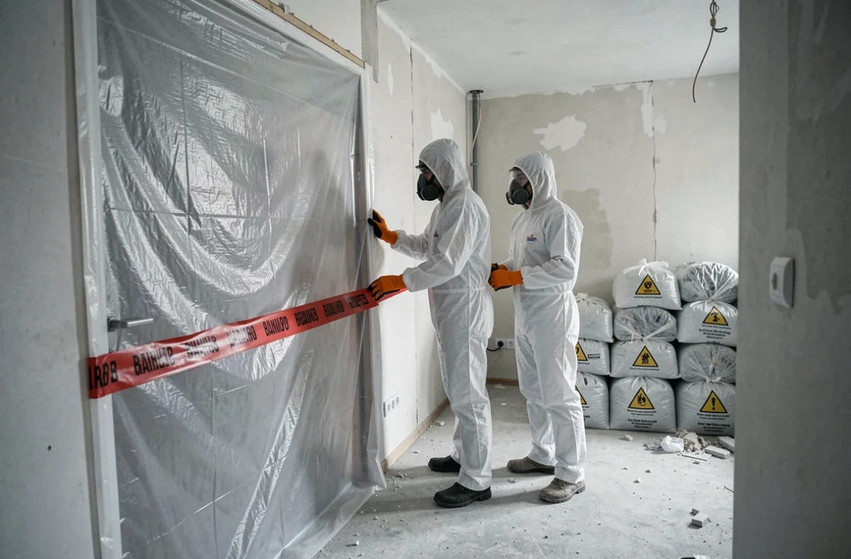 Équipe professionnelle de désamiantage scellant une zone de travail avec du plastique et du ruban de signalisation dans un appartement en rénovation
