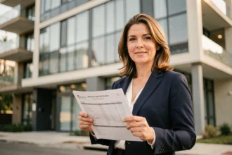 Agent immobilière tenant une estimation de bien devant un immeuble moderne