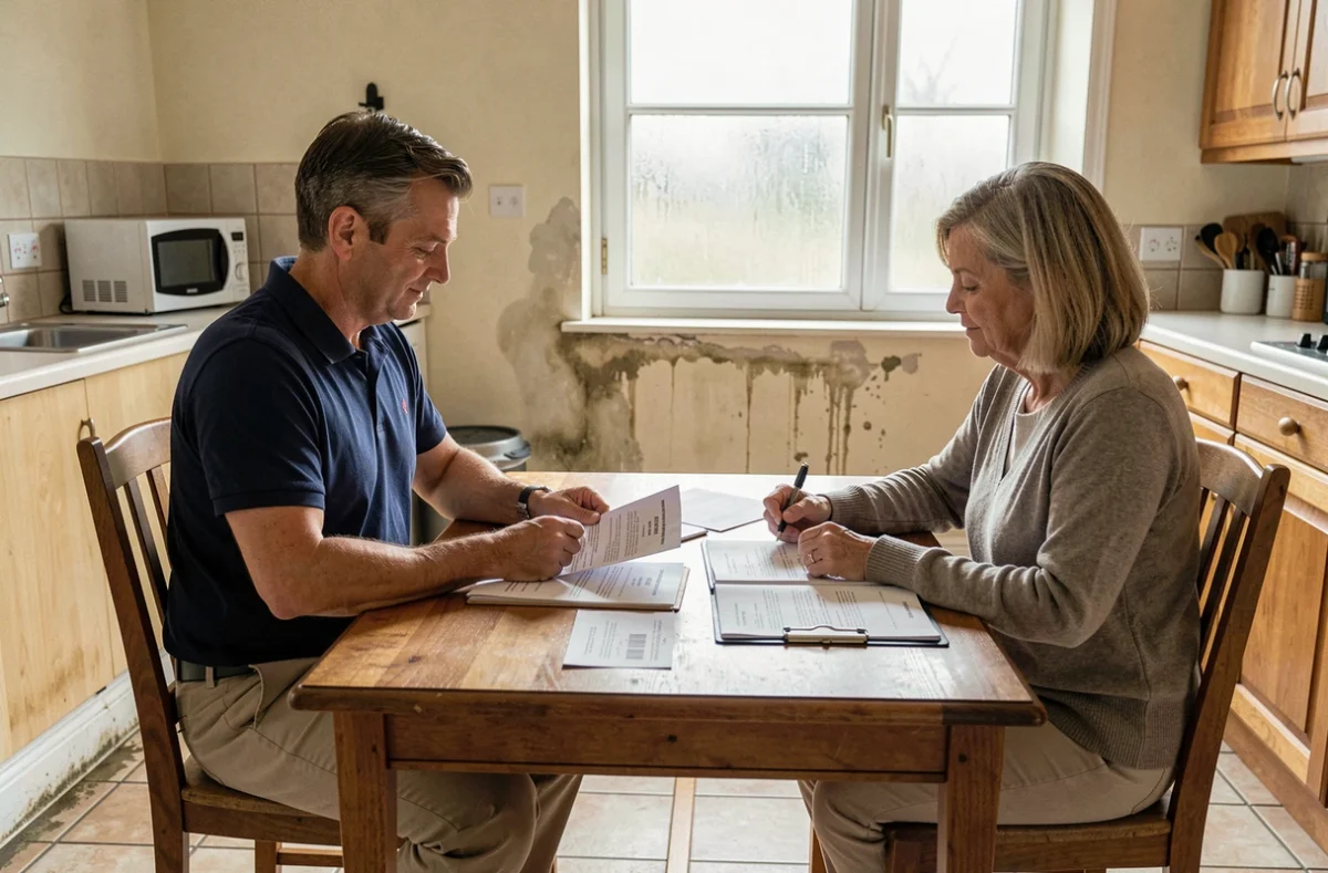 Expert en assurance évaluant les dégâts avec des propriétaires après une inondation