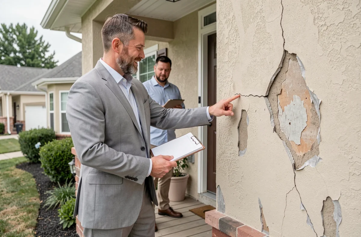 Expert en assurance inspectant les dommages extérieurs d'une maison lors d'un sinistre