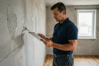 Expert en bâtiment inspectant une fissure murale dans un appartement lors d'une expertise immobilière