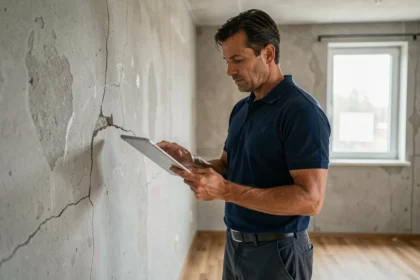 Expert en bâtiment inspectant une fissure murale dans un appartement lors d'une expertise immobilière