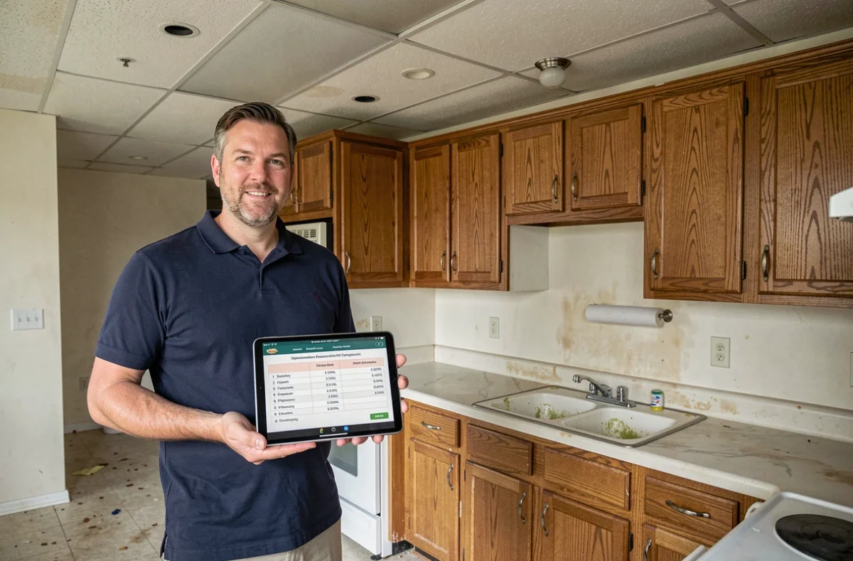 Expert immobilier calculant la vétusté d'une cuisine équipée dans un appartement vacant