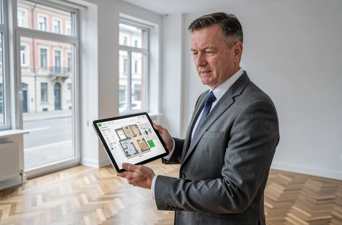 Expert immobilier effectuant une estimation dans un appartement vide