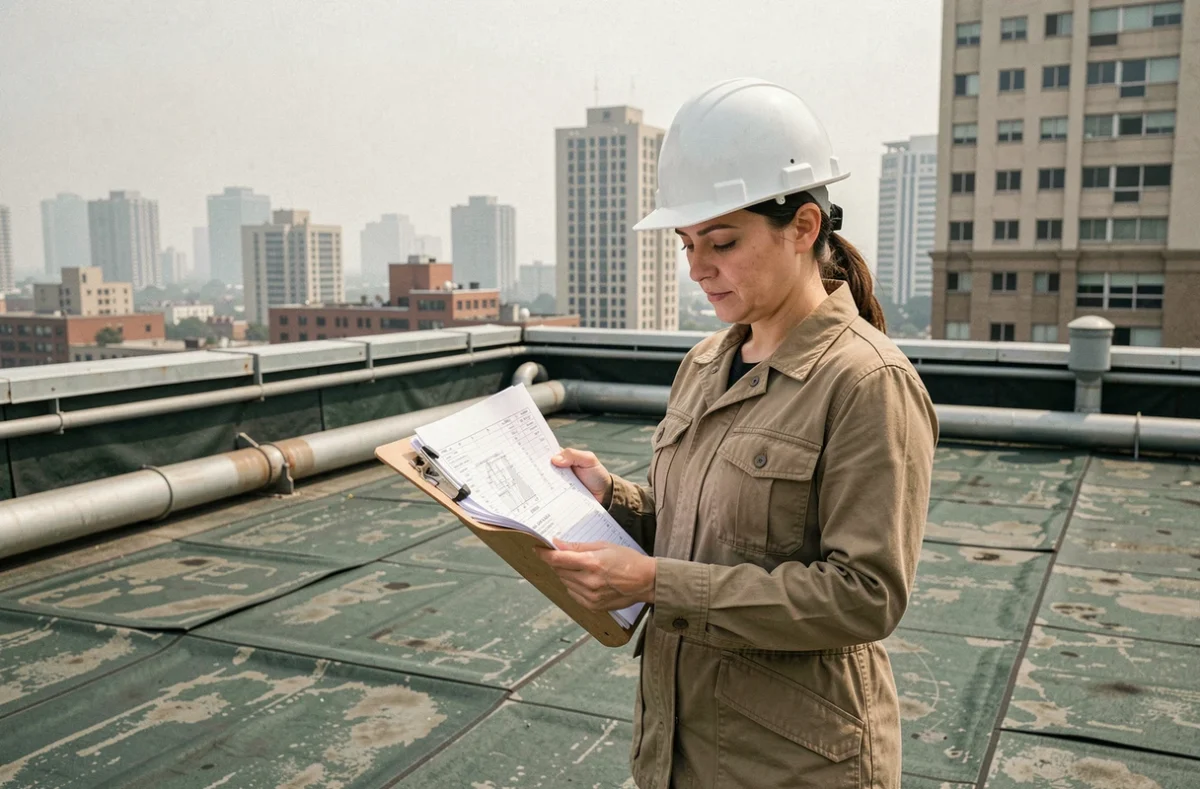 Experte en bâtiment sur un toit plat urbain analysant des documents techniques lors d'une expertise toiture