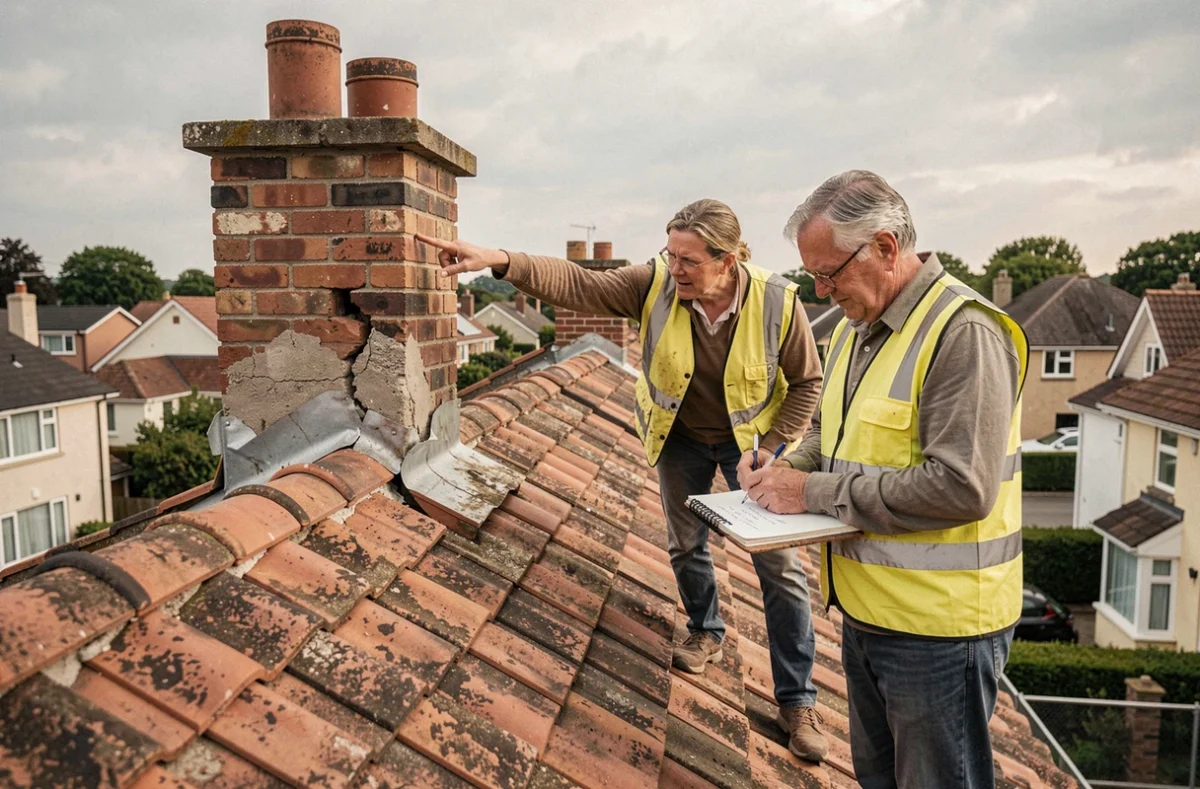 Deux experts inspectant la toiture d'une maison lors d'un contrôle de conformité immobilier