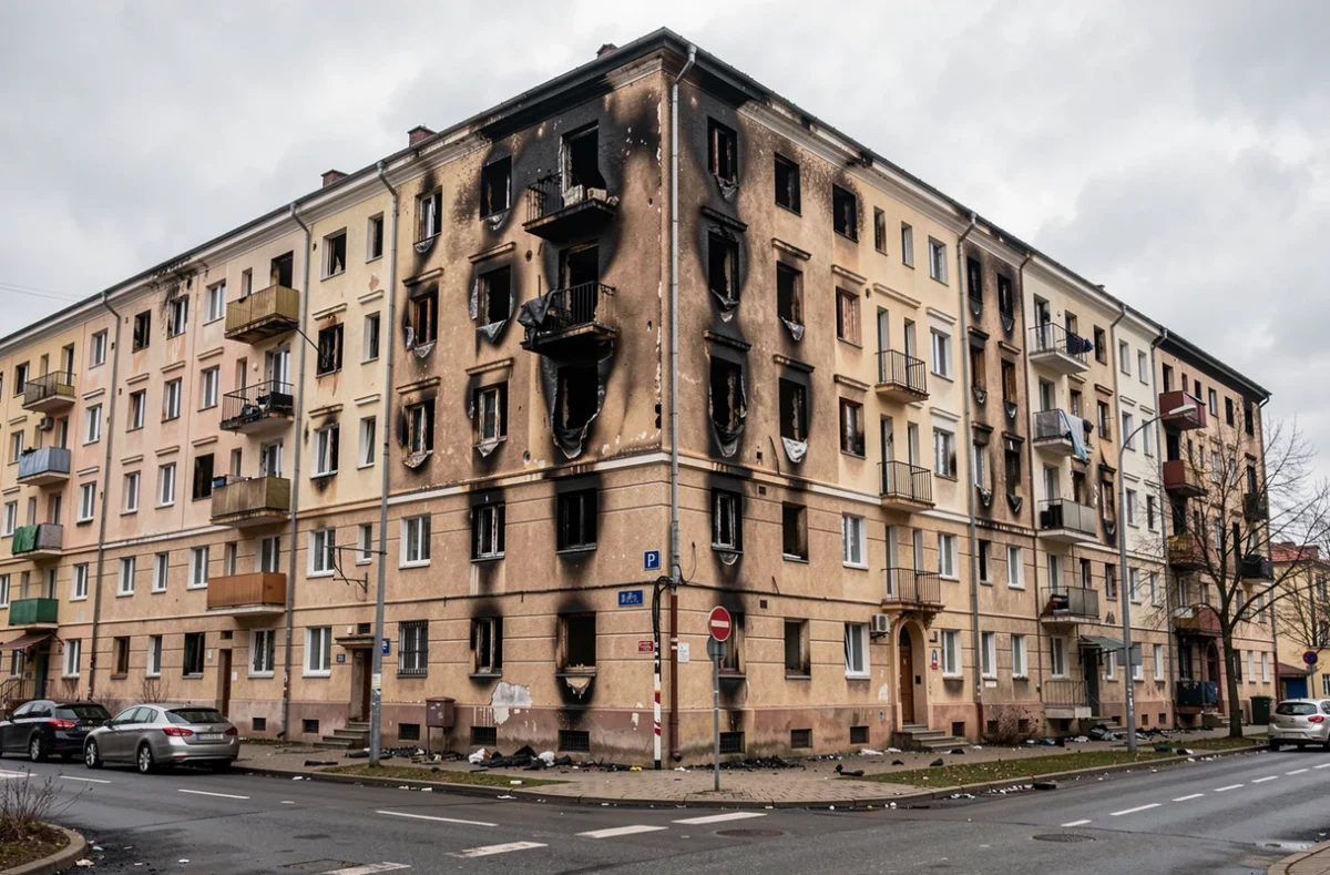 Façade d'immeuble endommagée par un sinistre avec fenêtres noircies