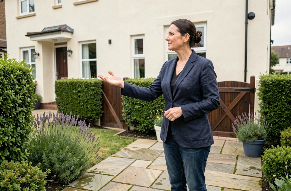 Femme évaluant la façade rénovée d'une maison avec jardin aménagé pour augmenter sa valeur