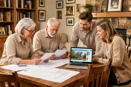 Famille multigénérationnelle réunie autour d'une table pour discuter de la gestion d'une SCI familiale