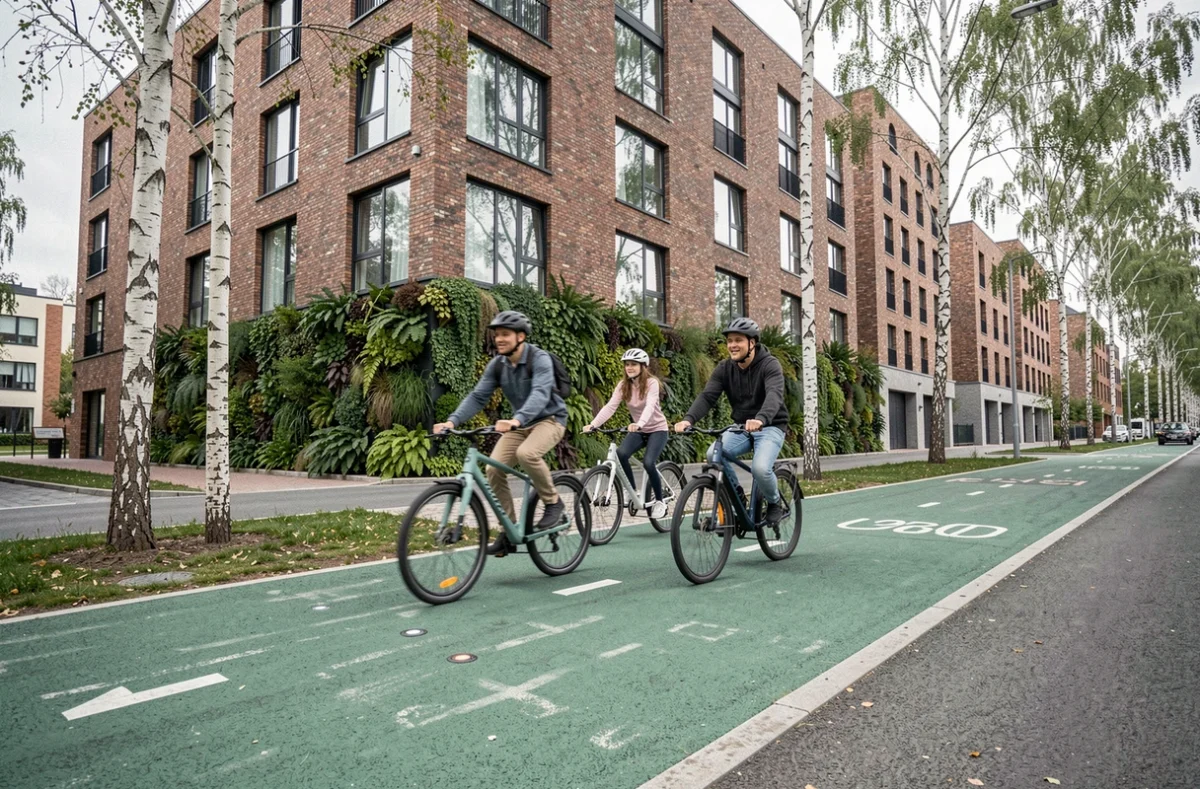 Famille à vélo sur une piste cyclable dédiée dans un écoquartier durable avec immeubles à énergie passive