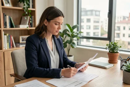 Femme en blazer analysant un contrat de location pour réduire les frais d'agence immobilière
