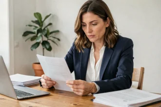 Femme analysant un contrat de location pour éviter les frais d'agence immobilière