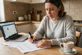Femme analysant ses mensualités de prêt immobilier sur des documents financiers à sa table de cuisine