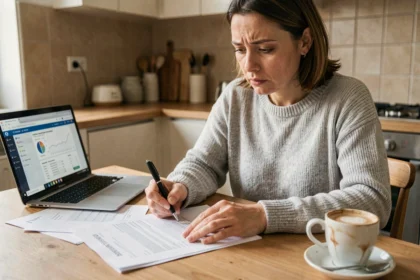 Femme analysant ses mensualités de prêt immobilier sur des documents financiers à sa table de cuisine