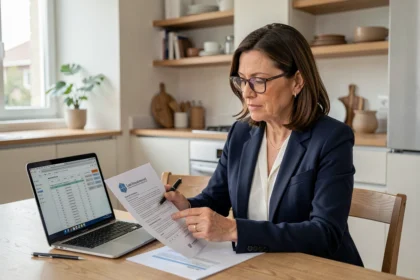 Femme consultant des documents d'assurance prêt immobilier à son bureau à domicile