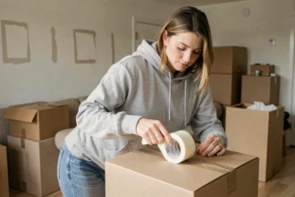 Femme préparant des cartons de déménagement dans un appartement vide, éligible à une aide au déménagement