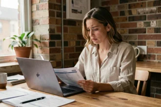 Femme analysant des offres de location sur ordinateur portable pour comparer les prix des loyers