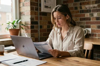 Femme analysant des offres de location sur ordinateur portable pour comparer les prix des loyers