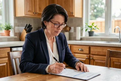 Femme consultant son contrat d'assurance dommages aux biens à la table de cuisine
