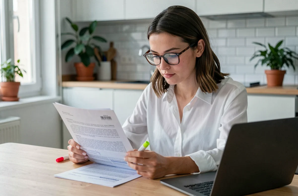 Une jeune femme analyse seule un contrat immobilier à son domicile pour identifier les postes de frais de notaire négociables