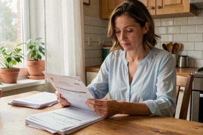 Femme consultant des documents pour son assurance habitation à table dans un appartement