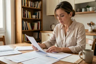 Femme consultant des documents pour une assurance habitation à son bureau à domicile