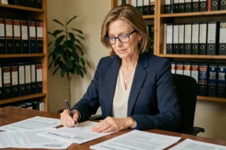 Femme consultant des documents fiscaux immobiliers à son bureau pour calculer le délai d'exonération de la plus-value