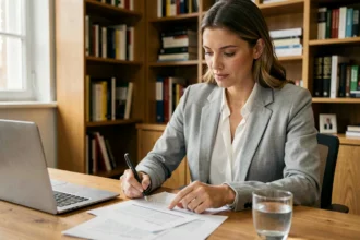 Femme en train d'examiner des documents liés au remboursement de sa garantie locative à son bureau