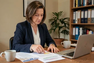 Femme consultant des documents officiels pour prouver sa résidence principale auprès du fisc
