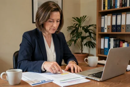 Femme consultant des documents officiels pour prouver sa résidence principale auprès du fisc