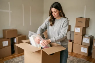 Femme en train d'emballer des affaires dans des cartons pour un déménagement à longue distance