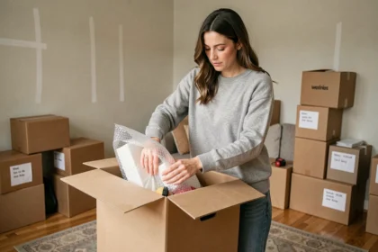 Femme en train d'emballer des affaires dans des cartons pour un déménagement à longue distance