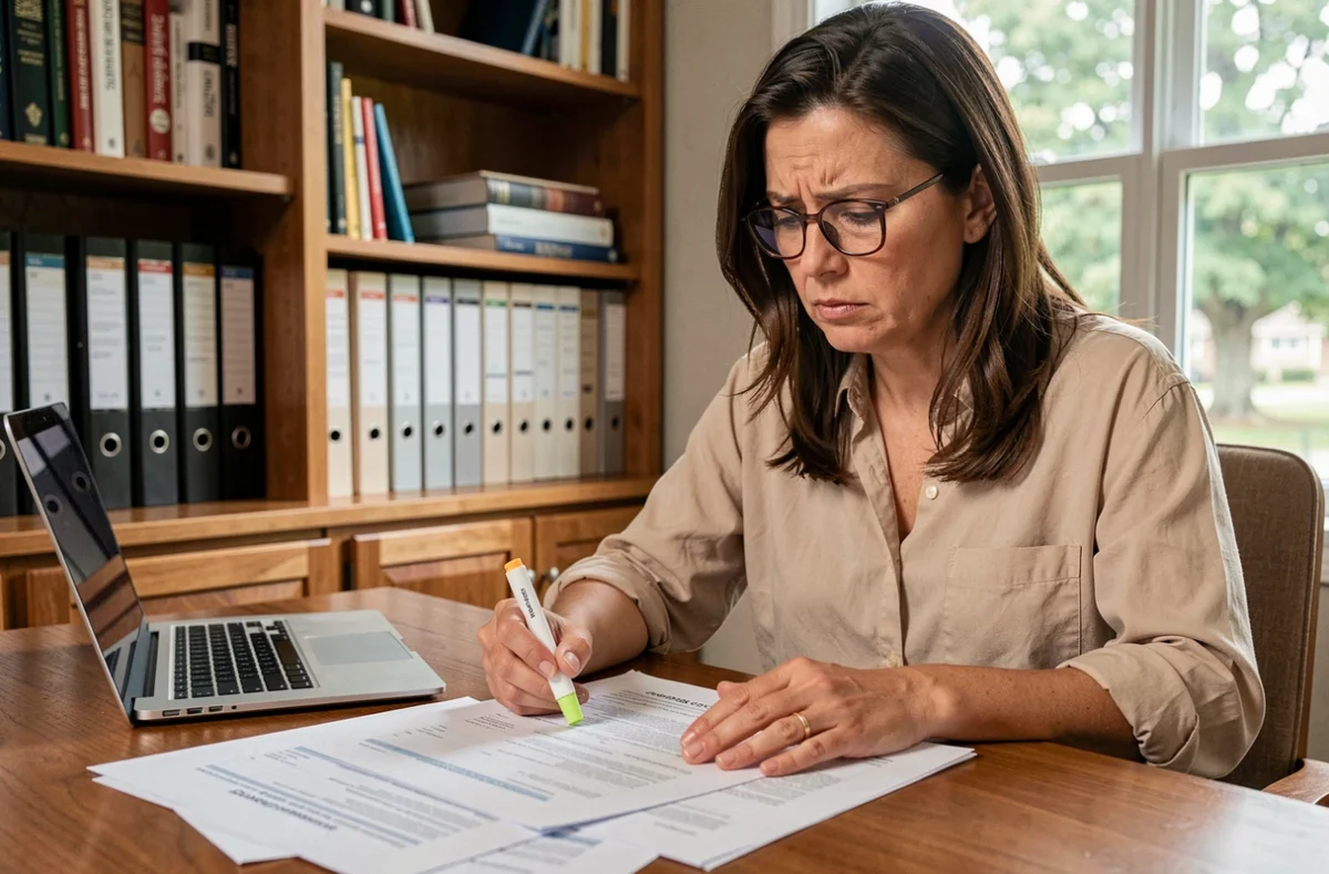 Femme étudiant attentivement les documents d'un prêt in fine à domicile avec des papiers et un ordinateur portable