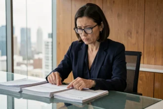 Femme professionnelle en costume marine examinant des documents de prêt garanti dans un bureau moderne